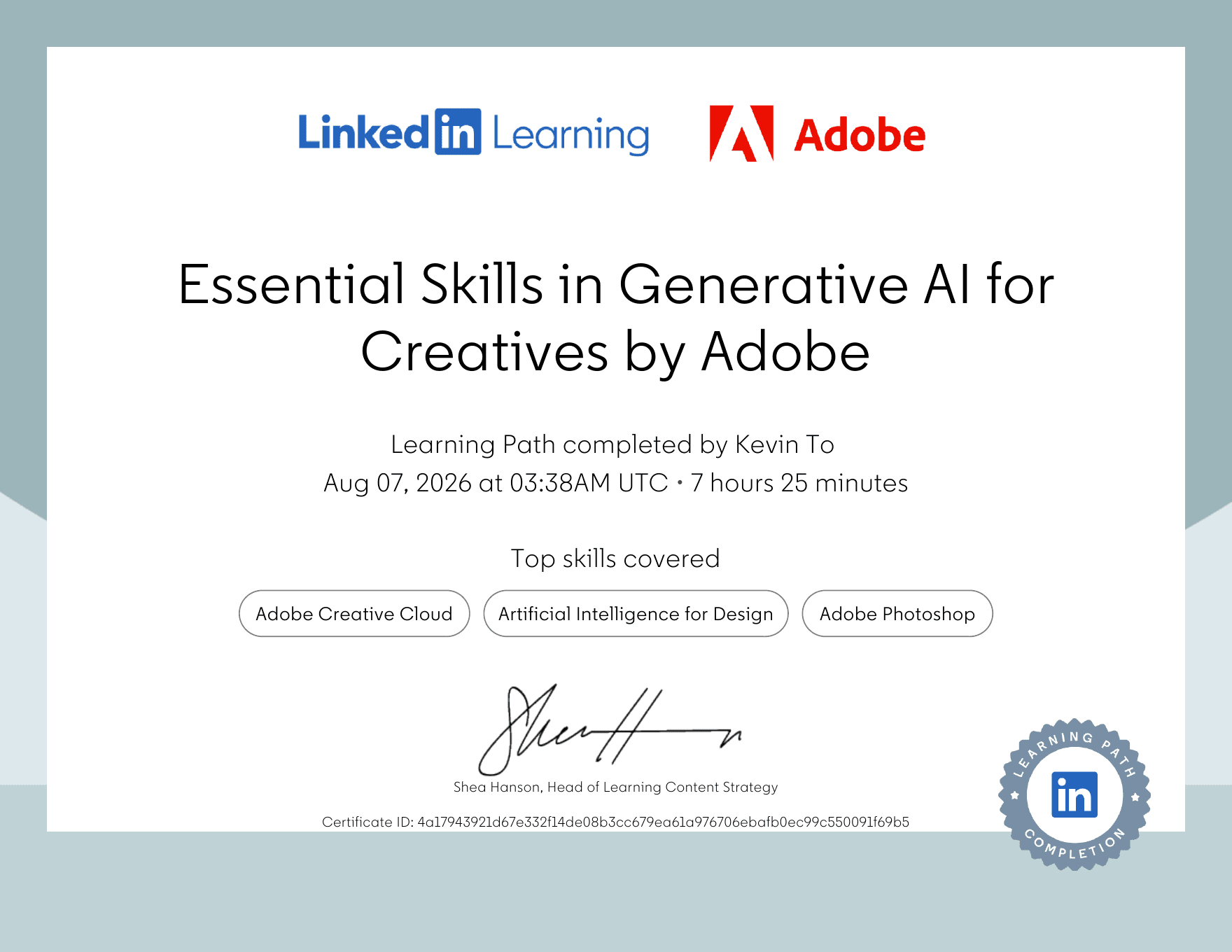 Certificate for Essential Skills in Generative AI for Creatives by Adobe