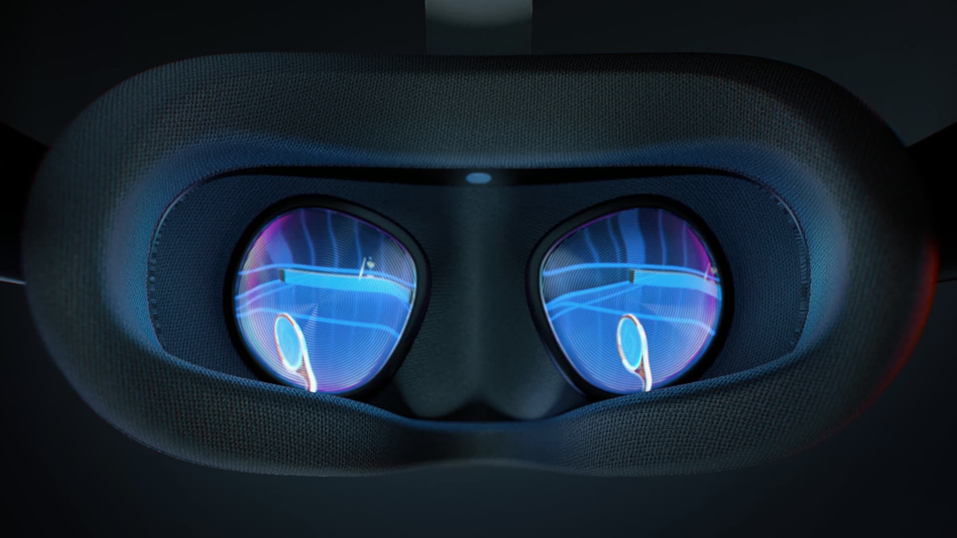 Close view into a VR headset with the ANZ Breakpoint court reflected across both lenses.