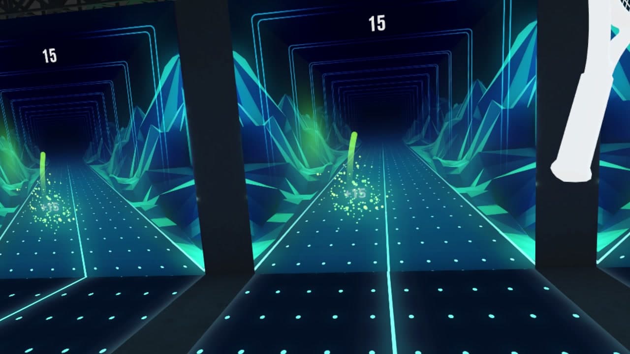 The ANZ Breakpoint VR simulation showing a first-person headset view moving through active tennis gameplay.